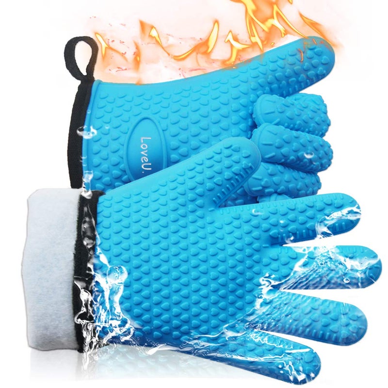 Loveuing Kitchen Oven Gloves - Dual-Layer Heat Resistant Grilling Gloves, Silicone Oven Mitts with 5 Fingers, Waterproof Non-Slip Pot Holder for Barbecue, Cooking, Baking (Small, Blue) - Image 1